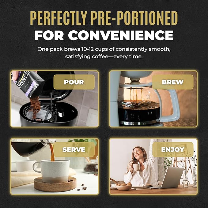 Colonial Coffee 32 Count Single Pot Coffee Packets – Assorted Variety Pack with Medium, Dark, & Decaf Roast Blends | Pre-Measured Frac Packs for 12 Cup Maker | Bulk Ground Gourmet Coffee for Home & Office