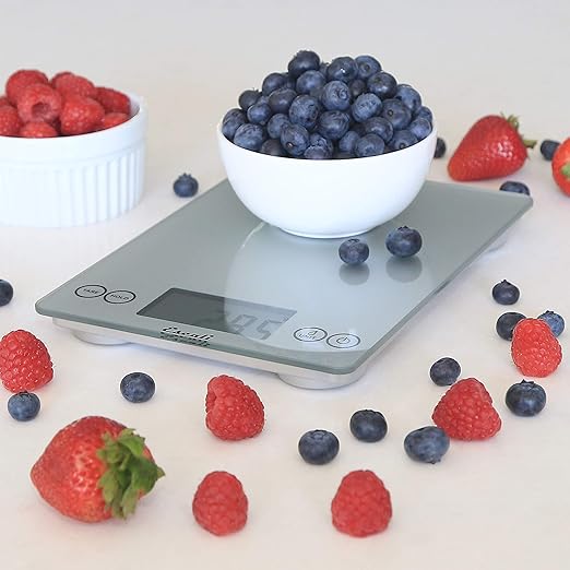 Escali Arti Glass Food Scale Digital Countertop Kitchen, Baking and Cooking Scale with Nutrition and Calorie Counter, 15-Pound Capacity, 9" x 6.5" x .75", Shiny Silver