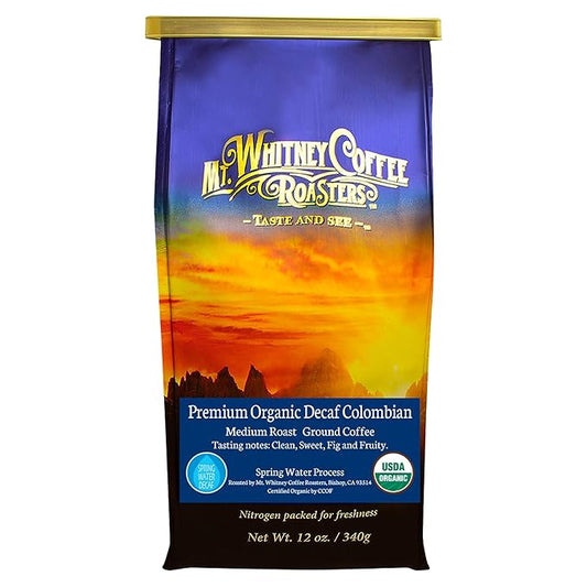 Mt. Whitney Premium Organic Spring Water Colombian, Medium Dark Roast, Low Acid, Decaf Coffee (Ground, 12 Oz)