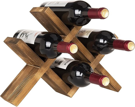 MyGift 4-Bottle Rustic Brown Wood Wine Rack for Countertop - Brushed Country Rustic Style, Compact Storage for Kitchen, Bar, Dining Room (Holds 750ml Bottles)