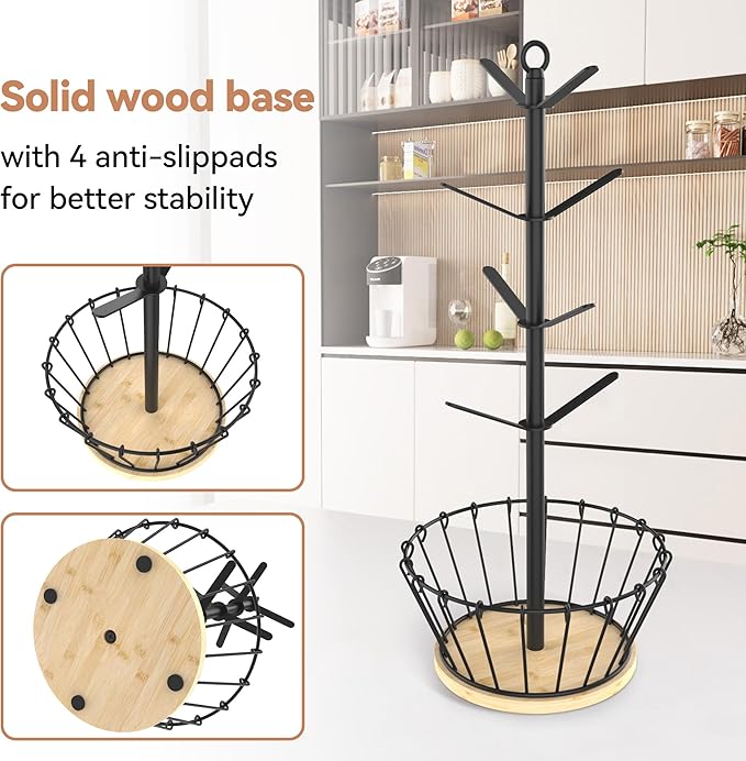 simesove Coffee Cup Holder with Basket, Non-Slip Cup Tree with 8 Hooks for K-Cups and Saucers, Wooden Stand Organizer for Counters, Bars and Kitchen Home Decor (Natural)