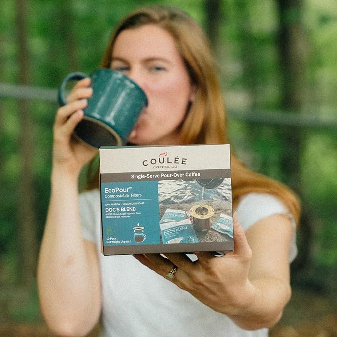 Coulée EcoPour O.G. Coffee, All Paper Single Serve Colombian Coffee, Medium Roast, Use for Camping or Traveling, Pre Filled Compostable Filters, Ready to Brew with Hot Water, Plastic Free, 20 Pack