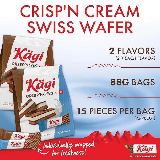 Swiss Milk Chocolate Mousse Filled Wafers by Kägi, Individually Wrapped Snacks, Chocolate Gift, Kägi Crisp'n Cream, Milk and Choco Cream, 4-Pack, 88g Bags