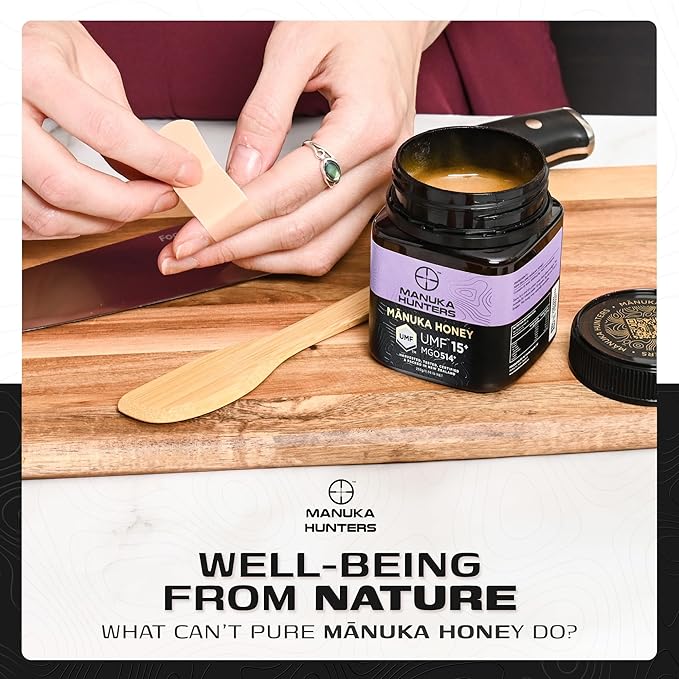 Manuka Hunters UMF 15+/MGO 514+ Certified New Zealand Manuka Honey - 100% Pure Natural Sweetener - Gluten, Dairy Free - Ideal for Tea, Coffee, Smoothies, and Baking - Sustainable - 8.8oz/250g Jar