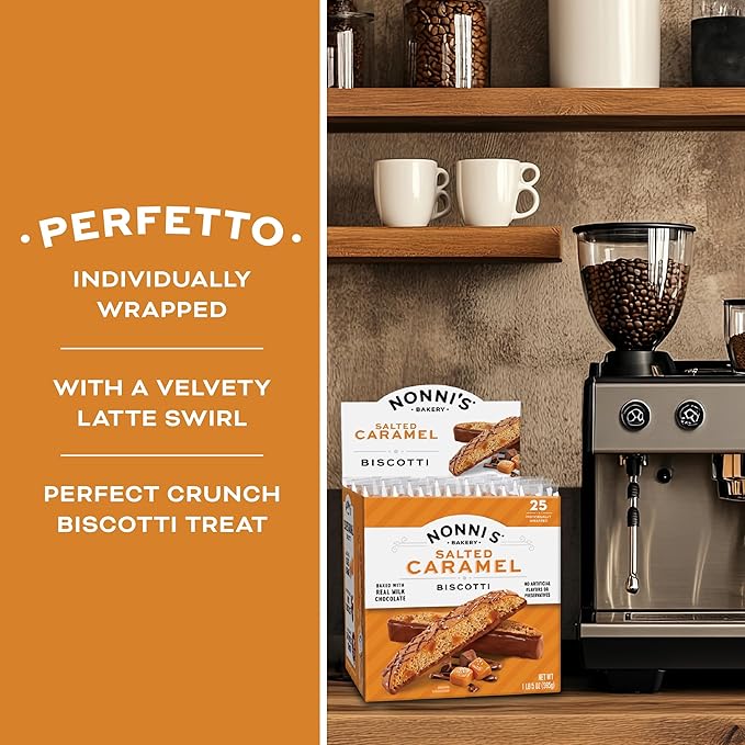 Nonni's Salted Caramel Milk Chocolate Biscotti Cookies — Individually Wrapped Italian Coffee Snack, Crunchy Twice-Baked, 90 Cal Each, 21 oz Carton