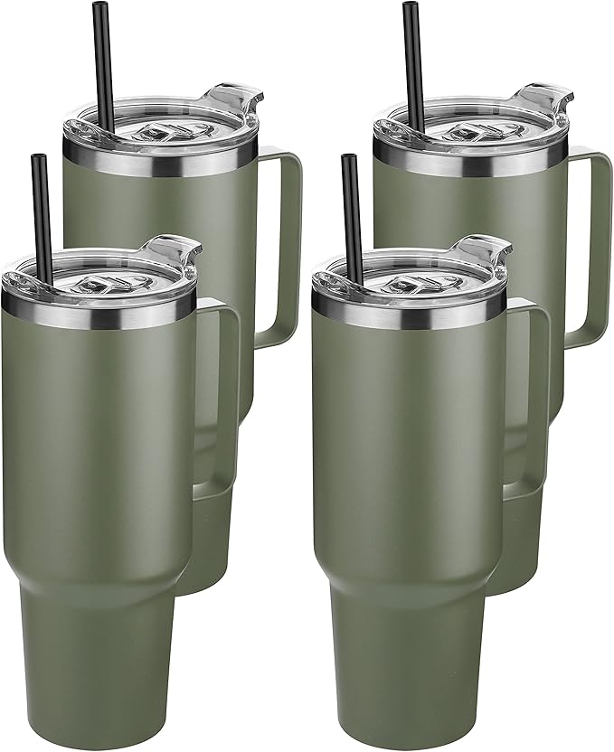 HASLE OUTFITTERS 40 oz Stainless Steel Tumbler with Handle, Vacuum Insulated Tumblers Bulk, Reusable Double Wall Travel Coffee Mug, Durable Powder Coated Water Bottles(Army Green, 4)