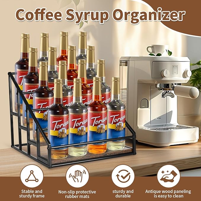 Coffee Syrup Organizer Rack, Liquor Bottle Display Shelf, Spice Racks, 4-Tier 16 Syrup Bottles Holder Stand for Coffee Bar Kitchen Small Wine Rack for Bar Family Storage for Syrup Wine Dressing