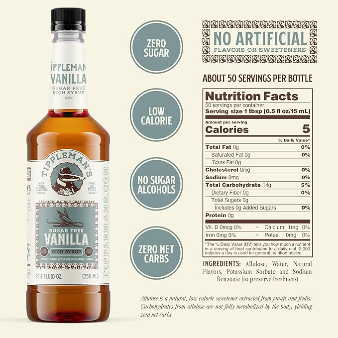 Tippleman's Sugar Free Vanilla Coffee Syrup, Zero-Sugar, Great for Drinks, Lattes & Espressos – 750ml Bottle Fits Pump