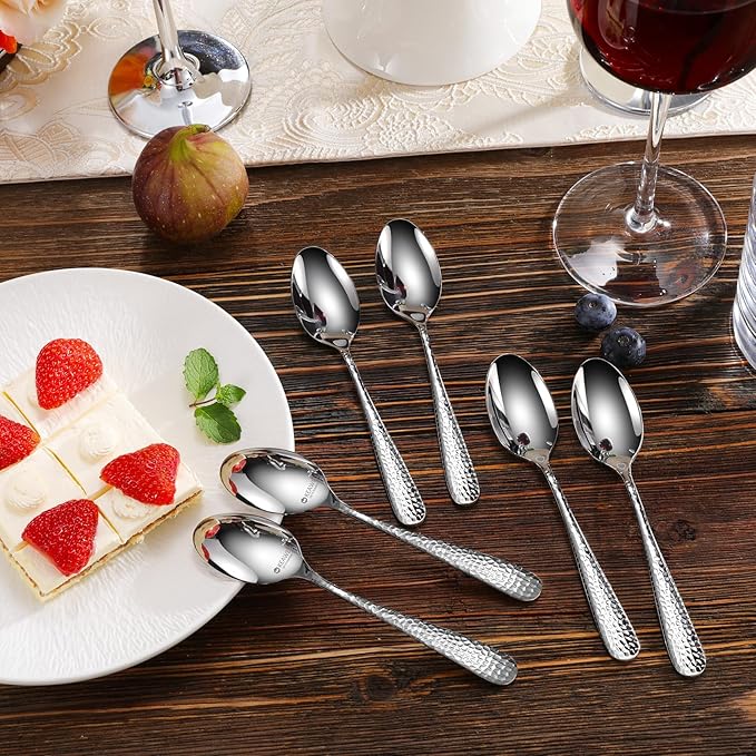 KEAWELL Premium Louise Hammered Demitasse Espresso Spoons: 6-Piece/12-Piece Set, 18/10 Stainless Steel, Mini Coffee Spoons, Small Spoon Set, Brightly-Mirror polished, Dishwasher Safe (6, 5.6 inches)