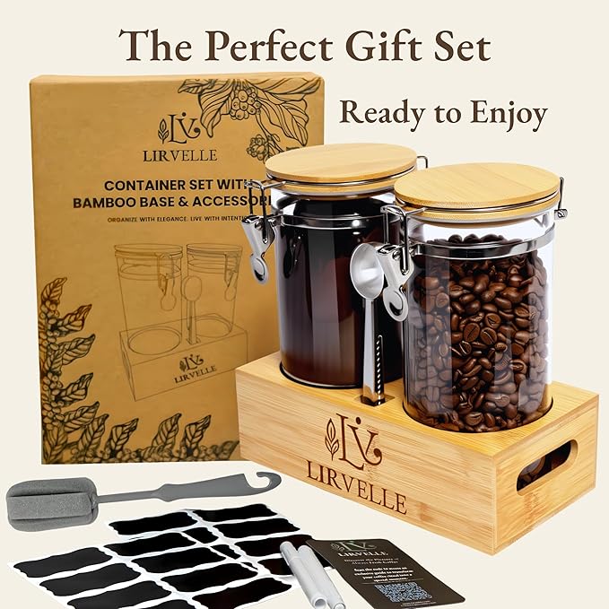 Airtight Coffee Canister with Scoop | Curated Glass Storage Set for Beans, Grounds & Sugar | 9-Piece Ritual Organizer with Bamboo Base, Versatile Artisan Spoon, Labels & Cleaning Brush