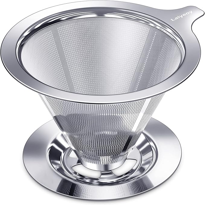 Pour Over Coffee Dripper, Slow Drip Paperless Coffee Filter, Stainless Steel Pour Over Coffee Maker for Single Cup Brew, Double Mesh Design of Manual Reusable Cone Filter.