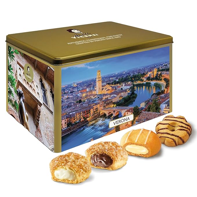 Matilde Vicenzi Verona Gift Tin - Assortment of Italian Pastries and Cookies - Gourmet Gifts For Thanksgiving & Christmas - Assorted Cookies in Italian Design Tin 32oz (907g)