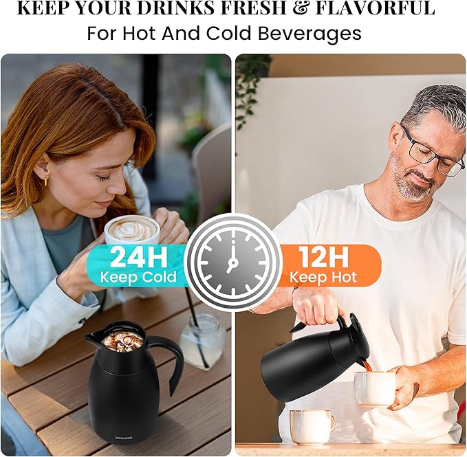 51 Oz Thermal Coffee Carafe, Stainless Steel Insulated Vacuum coffee crafts to keep coffee hot, 1.5 Liter Tea Water Coffee and Beverage Dispenser (Black)