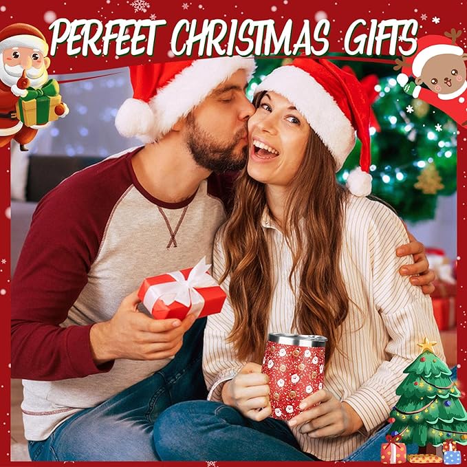 Christmas Wine Tumbler 12 oz Stainless Steel Wine Tumble Insulated Wine Tumbler with Lid Christmas Wine Glass Gifts with Straw and Brushes for Women Men Xmas Wedding Party (Red)