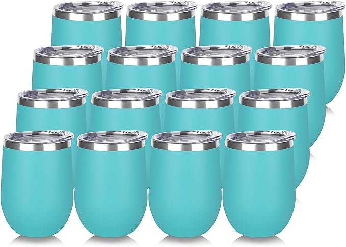 DOMICARE Stainless Steel Wine Tumbler Bulk with Lid, Personalized Insulated Tumblers Set, 12oz Travel Coffee Cups Pack of 16, Light Blue