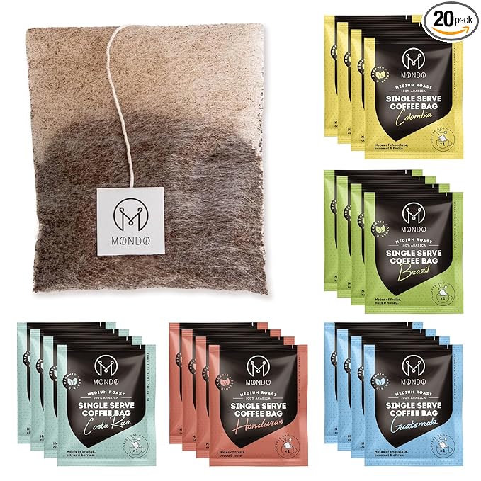 Mondo Single Serve Coffee Bags (20 Cups) Variety Pack - Organic, Medium Roast - Disposable, Portable Coffee Filters for Camping and Travel, Sampler Box of 5 Ground Coffee Flavors
