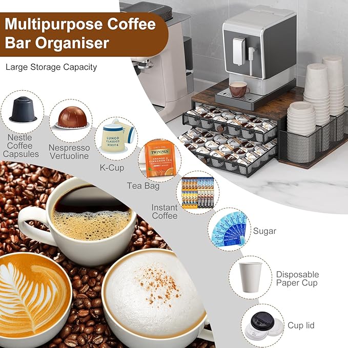 TQVAI K Cup Holder - 60 Capsule Capacity 2 Tier Sliding Pods Storage Drawer with Disposable Cups & Lids Holder, Coffee Bar Station Organizer for Countertop, Black