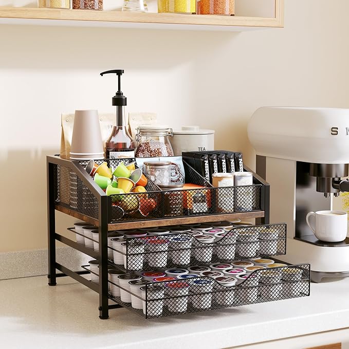 Coffee Bar Organizer - Coffee Station for Countertop, Metal and Wood K Cup holder Storage Basket for Coffee Pods, Syrup, Cups, Stirrer, Coffee Condiment, Tea Organizer, Black and Brown