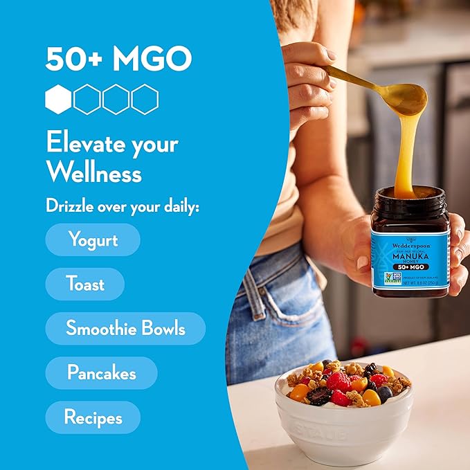 Wedderspoon Raw Premium Manuka Honey, 50+ MGO, 8.8 Oz, Unpasteurized New Zealand Honey, From Our Hives to Your Home