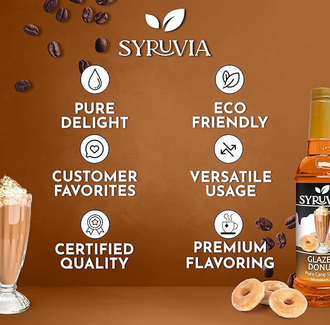 Syruvia Glazed Donut Coffee Syrup - 25.4 fl oz Premium Coffee Flavoring Syrup - Kosher Coffee Syrups, Gluten Free, No Coloring, Perfect for Drinks, Soda, Shakes, Desserts, and More With Pump