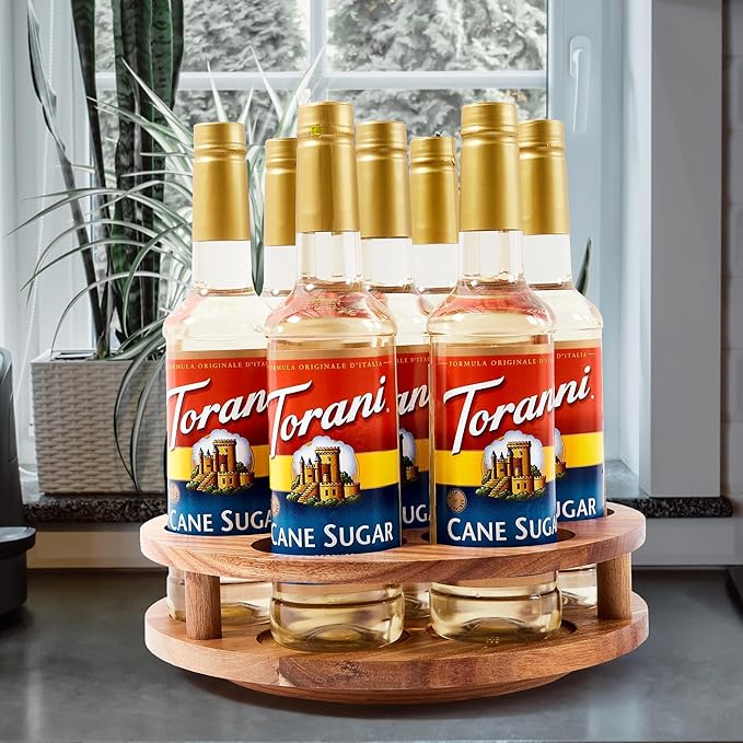 Acacia Wood Rotating Syrup Organizer, 7 Bottle Syrup Rack, Coffee Station Organizer with Large Base and Anti-Slip Pads