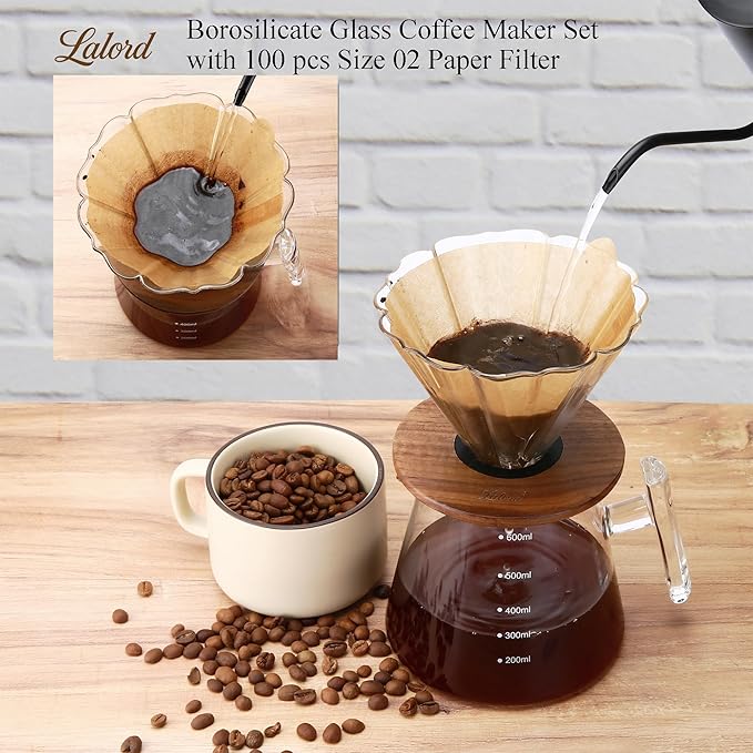 Pour Over Coffee Maker, 20 oz Borosilicate Glass Set with 100 pcs Paper Filter, Walnut Collar & Glass Lid, Drip Coffee Maker, 1-3 Cups, Clear, 600 ml, Petal Shape