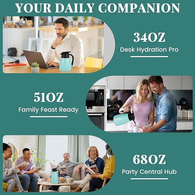 51 Oz Thermal Coffee Carafe, Stainless Steel Insulated Vacuum coffee crafts to keep coffee hot, 1.5 Liter Tea Water Coffee and Beverage Dispenser (Blue)