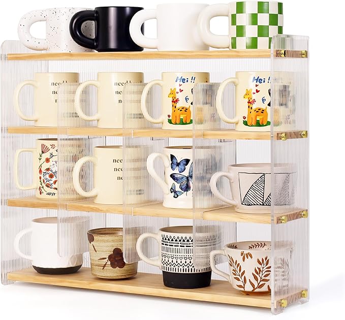 Coffee Mug Holder Wooden Cup Station Organizer 4-Tier Cup Holder for Coffee Bar Mug Display Rack for Countertop Mug Holder Shelf for Home Kitchen Pine Wood