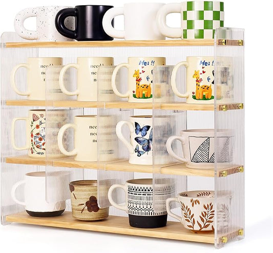 Coffee Mug Holder Wooden Cup Station Organizer 4-Tier Cup Holder for Coffee Bar Mug Display Rack for Countertop Mug Holder Shelf for Home Kitchen Pine Wood