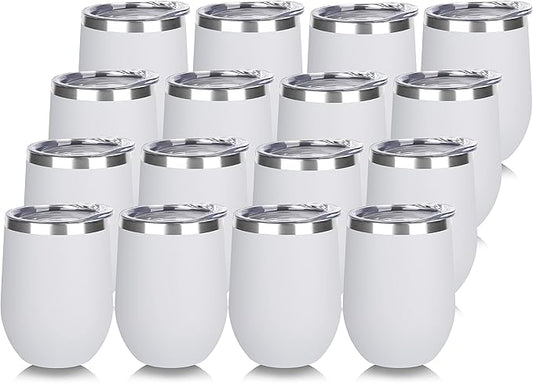 DOMICARE Stainless Steel Wine Tumbler Bulk with Lid, Personalized White Insulated Tumblers Set, 12oz Travel Coffee Cups Pack of 16