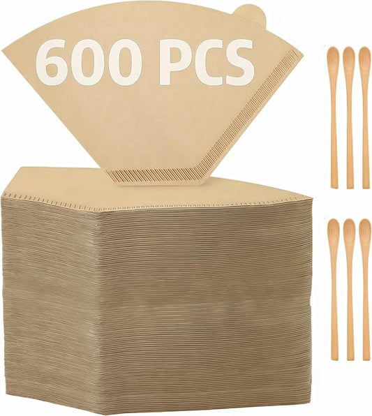 600 Count Coffee Filter #2, #2 Coffee Filters Disposable with 6 Wooden Coffees Spoons, Unbleached Natural#2 Coffee Filters Cone, Organic Cafe Filter NO.2 for Drip and Pour Over Coffee & Tea(2-6 Cup)