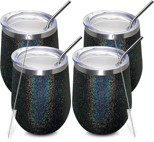 MEWAY 12oz/4 Pack Wine Tumbler Glasses with Lid - Stemless Double Wall Vacuum Stainless Steel Glitter Tumbler - Keeping Cold & Hot Cup for Coffee,Gift for Women(Rainbow Black,Set of 4)