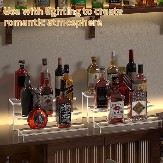 3 Tiers Bar Shelves for Liquor Bottles, 15" Bar Organizer for Countertop, Clear Acrylic Risers Display Racks Stands for Figures Pops Cupcake Perfume Collections (Patent: D1076520S)