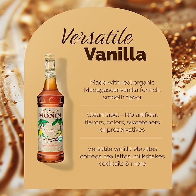 Monin - Organic Vanilla Syrup, Naturally Smooth Sweetness, Great for Coffee, Shakes, and Cocktails, Gluten-Free, Non-GMO (750 ml)