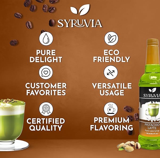 Syruvia Coffee Syrup, Pistachio Latte Flavored Syrup for Drinks, Lattes, and Desserts – 25.4 fl oz, With Pump