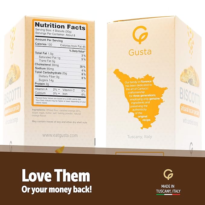 Gusta Authentic Soft Biscotti Cookies Made in Tuscany, Italy - Candied Orange - Original Two Bites Size - All Natural Ingredients - Fresh & Genuine Italian Dessert Treats - 17.64oz