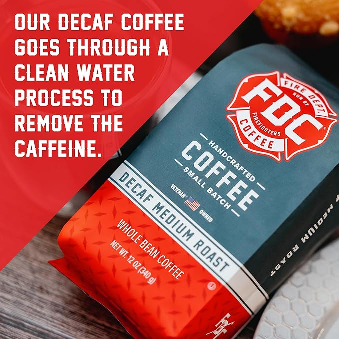Fire Department Coffee - Gives Back to Firefighters - Premium Whole Bean Decaf Coffee - Roasted in the USA - Decaffeinated Using Natural Mountain Water - Veteran Owned -12 oz