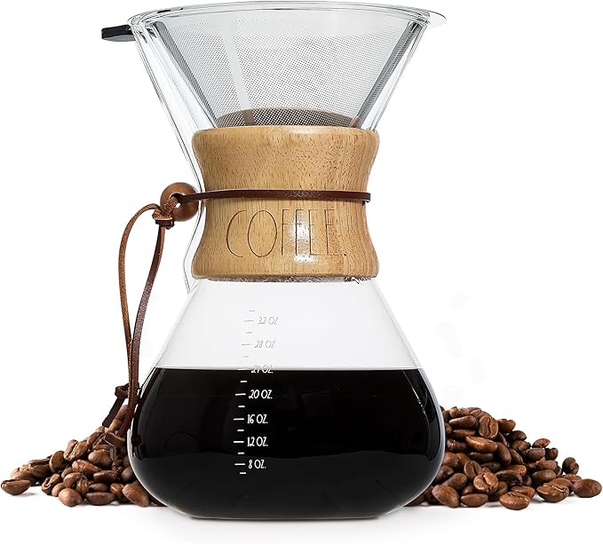 Rae Dunn Glass Pour Over Coffee Maker, 34oz Carafe with Reusable Stainless-Steel Filter and Elegant Bamboo Finish, Great for Brewing Coffee