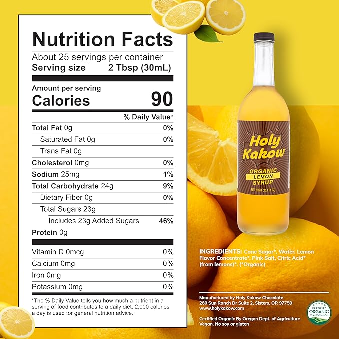 Holy Kakow Cafe Organic Lemon Syrup - Lemon Syrup, Coffee Syrup, Organic Syrup for Coffee, Lemon Syrup for Coffee, Add to Latte, Cocktail and Shake, Real Food Ingredients, Specific Flavor - 750ml