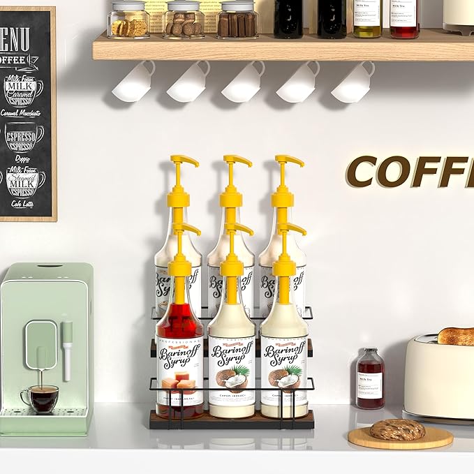Alyoen Coffee Syrup Rack Organizer, 6 Bottles Syrup Holder Stand for Coffee Bar, Small Coffee Bar Organizer Shelf, Coffee Station Organizer for Countertop Wine, Liquor