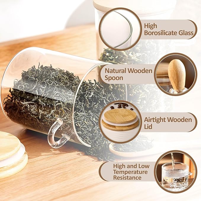15 oz/450 ml Glass Storage Canister with with Airtight Lid, Cute Clear Decorative Container Jar with Wooden Spoon for Coffee Spice Candy Salt Cookie Condiment Sugar Matcha Tea Overnight Oats