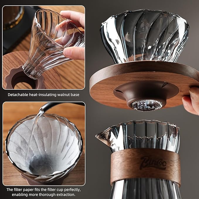 Bincoo Pour Over Coffee Maker Set - 500ML Glass Coffee Server Coffee Carafe with Walnut Dripper and 50PCS Paper Filter, Drip Coffee Maker Set for Home Café Restaurant