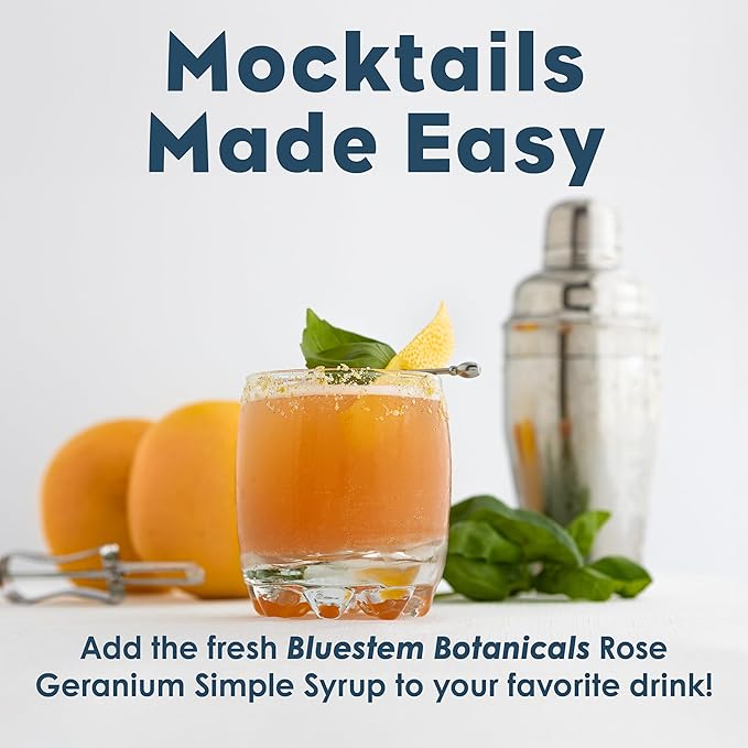 Bluestem Botanicals Organic Rose Geranium Simple Syrup, 8 oz, Cocktail and Mocktail Mixer for Drinks, Non-Alcoholic