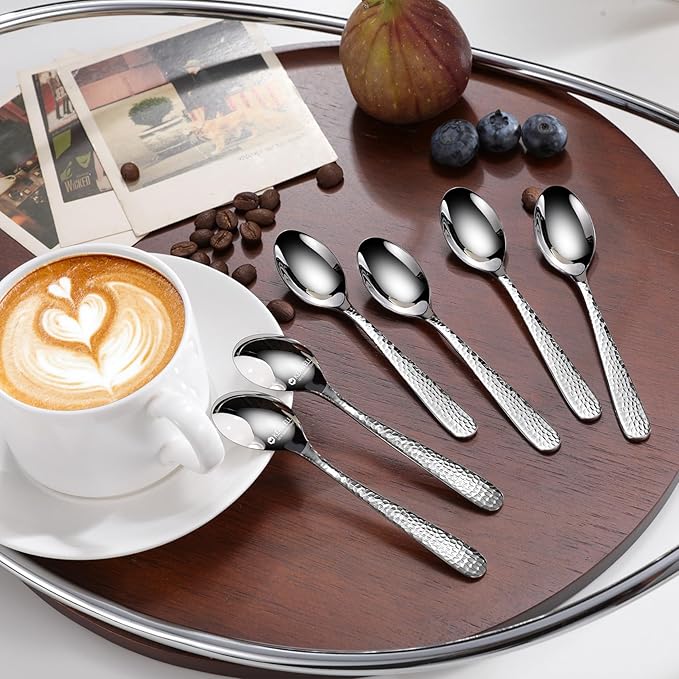 KEAWELL Premium Louise Hammered Demitasse Espresso Spoons: 6-Piece Set, 4.4-Inch Small Size, 18/10 Stainless Steel, Brightly-Mirror polished, Dishwasher Safe (6, 4.4 inches)