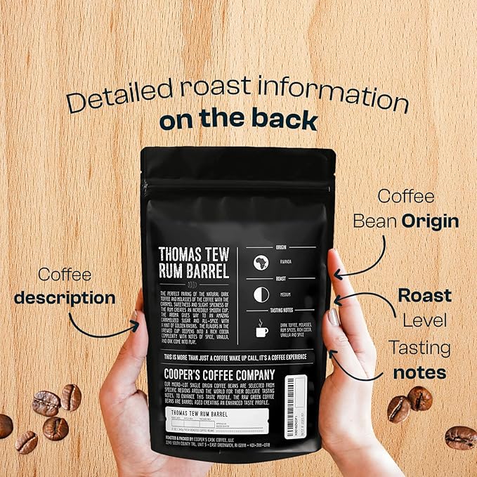 Rum Barrel Aged Coffee, Single-Origin Rwandan Beans Aged in Rum Barrels, Medium Roast Whole Bean, 12 oz