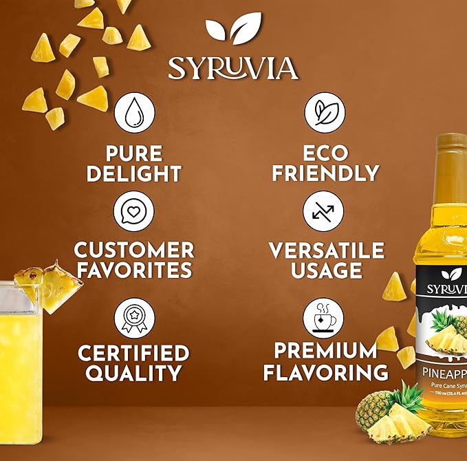 Syruvia Pineapple Syrup, Flavored Syrup for Drinks, Cocktails, Lemonades, Iced Teas, and Desserts – 25.4 fl oz, With Pump