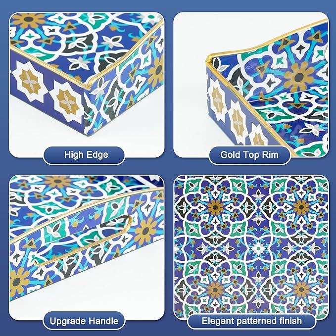 Gifturbo Serving Tray with Two Handles,Decorative Tray for Coffee Table, Plastic Rectangular Durable Serving Trays for Living Room, Bathroom, Outdoors, Blue