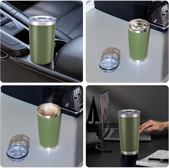 OMTech 20oz Tumblers Bulk, 6pc Stainless Steel Tumbler Set with Lid & Straw, Double Wall Vacuum Insulated Mug for Laser Engraver, Travel Coffee Mug for Hot & Cold Drinks, Army Green Powder Coated Cup