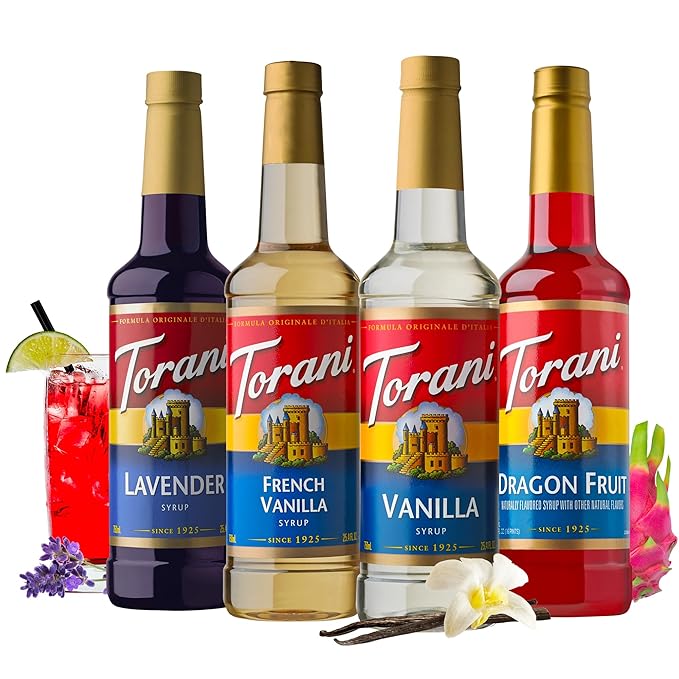 Torani Flavored Drink Syrup Beyond Basic Variety Pack, Dragon Fruit, Lavender, Vanilla & French Vanilla, 25.4 fl oz (Set of 4)