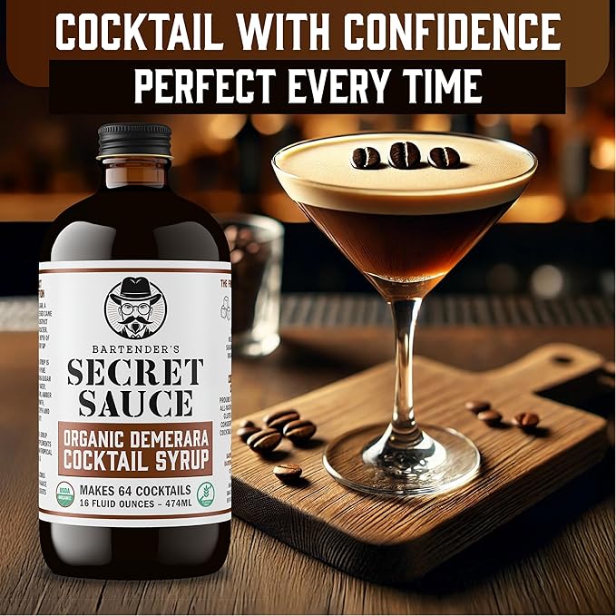 Bartender’s Secret Sauce USDA Organic Demerara Syrup – 16oz Bottle – Handcrafted, Gluten-Free Cocktail Syrup – Makes 64 Drinks – Great for Old Fashioneds, Tiki & Coffee Drinks